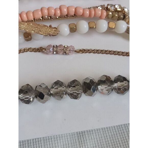 Charlotte Russe Set of 6 Gold Toned and Pink Assorted Beaded Elastic Bracelets - Picture 9 of 10